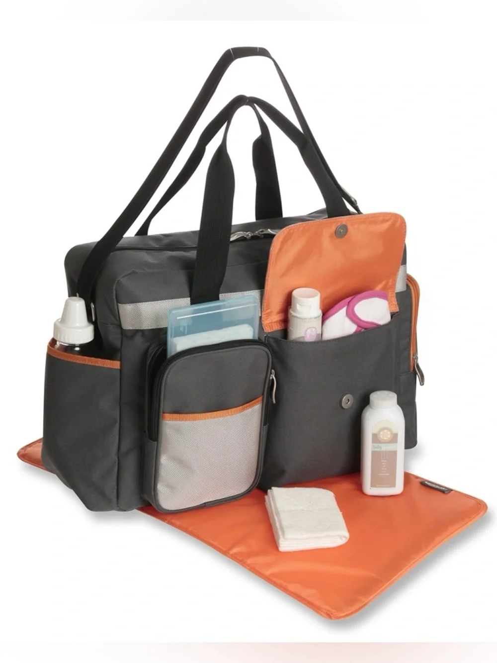 Graco Gray Orange Diaper Bag Travel Tote Multi Pocket Baby Gear Organizer